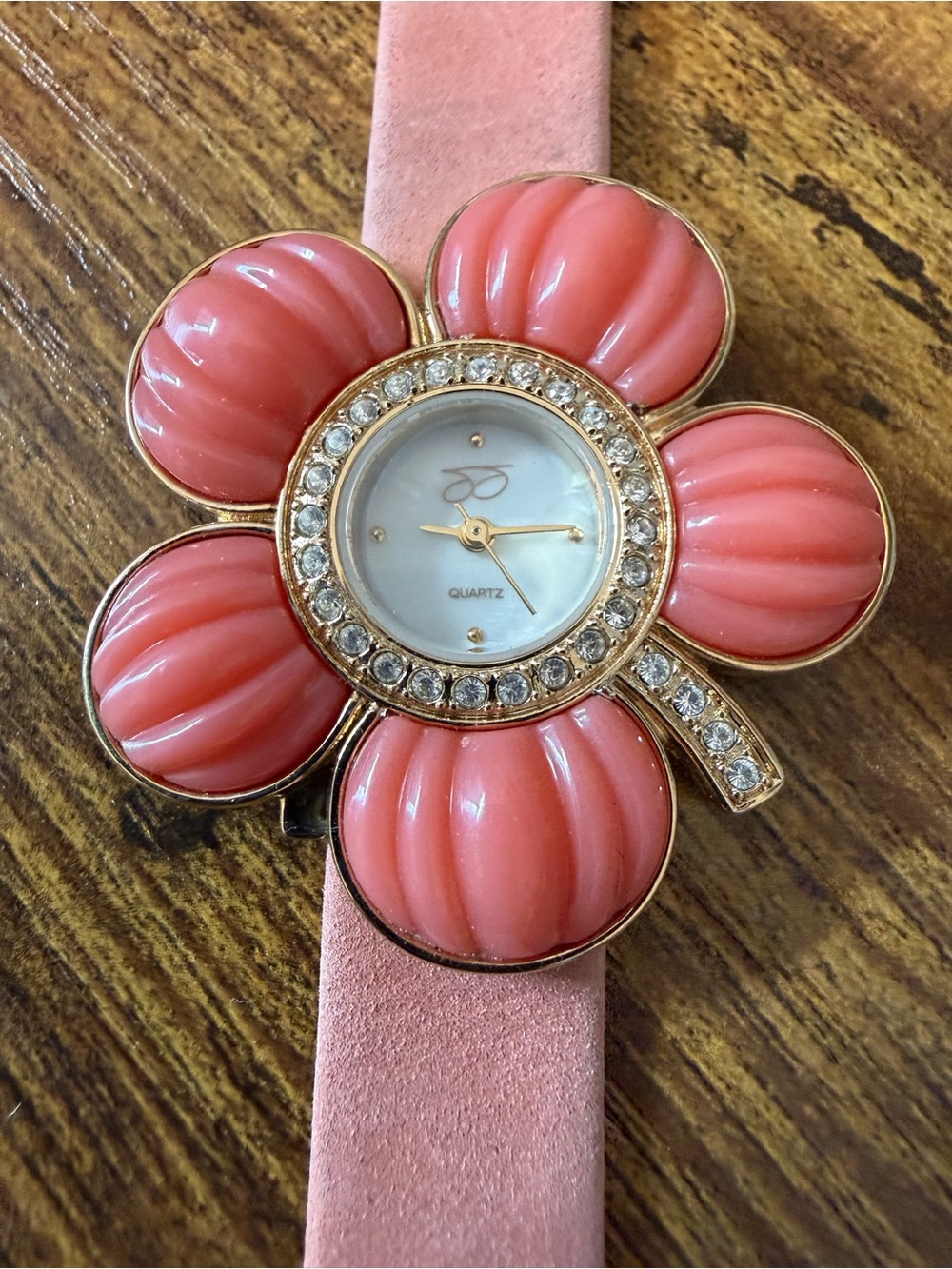 Suzanne Somers Pink Flower Watch Rhinestone Mother Pearl Leather Y2K Quartz